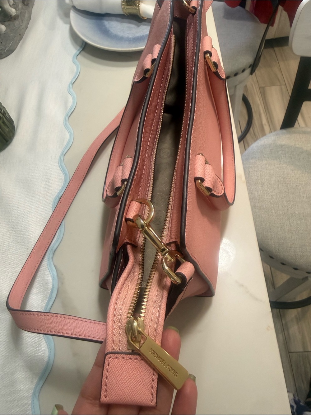 Michael Kors Blush Pink Leather Shoulder Bag with Gold Hardware